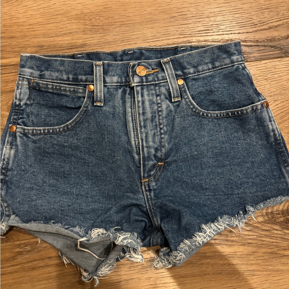 Dark wash Wrangler high waisted jean shorts